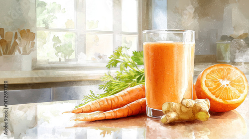 Obraz na płótnie watercolor scene of healthy smoothie with fresh carrots, ginger, and orange in sunlit kitchen. concept of natural wellness, refreshing nutrition, healthy living, vibrant ingredients, Copy space w salonie