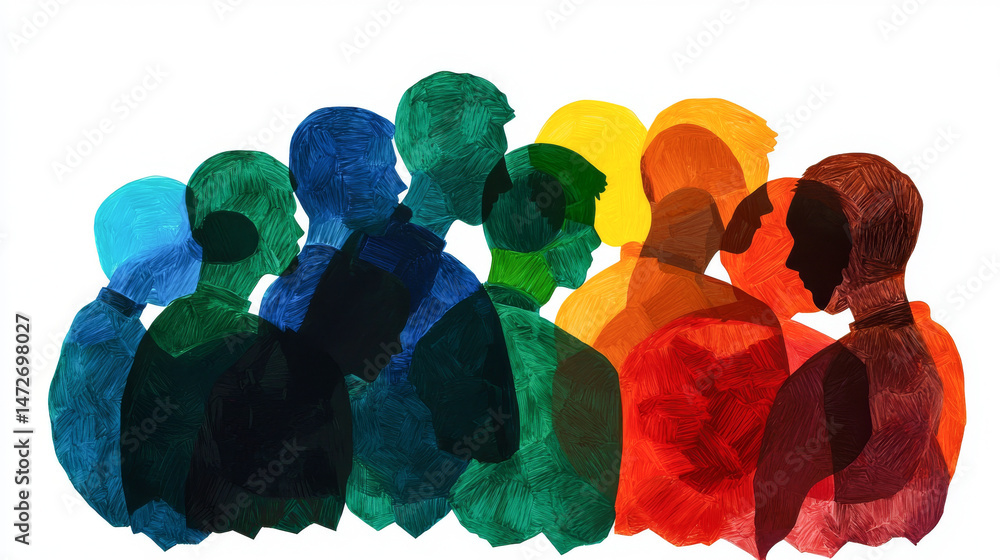 Abstract art of overlapping colorful human people silhouettes in textured artistic style. Concept of diversity, social connection, communication, community, multicultural society, teamwork, inclusion
