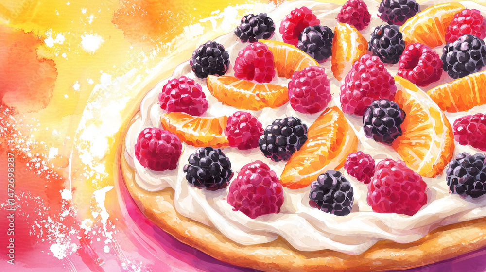Dreamy watercolor art of a fruity dessert fruit pizza with berries and oranges. concept of artistic culinary creation, fruity delight, colorful desserts, imaginative baking