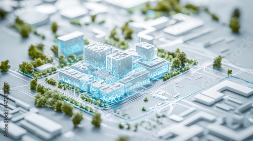 Futuristic smart city model with digital holographic buildings and urban planning concept. Concept of modern architecture, urban development, digital infrastructure, and future technology
