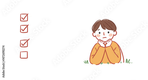 Young person thinking thoughtfully with a checklist background  