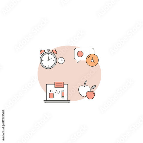 Iconic illustration of productivity tools and healthy habits  