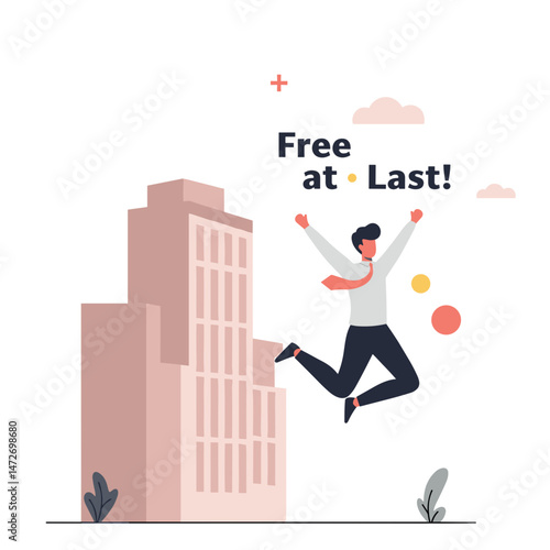 Happy person celebrating freedom jumping against urban backdrop  