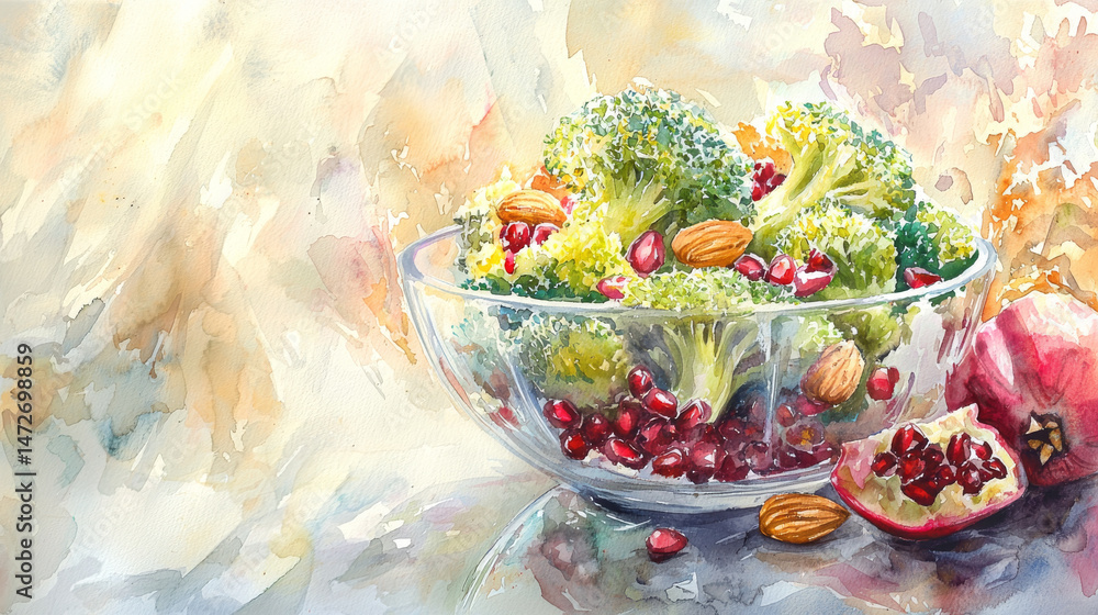 Watercolor illustration of fresh salad with broccoli, pomegranate, and almonds. concept of healthy eating, vibrant nutrition, vegetarian meal, Copy space