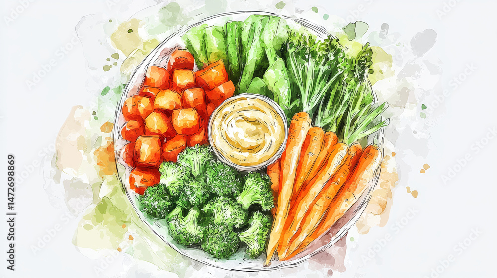 Watercolor illustration - A colorful veggie platter with broccoli, carrots, and hummus. concept of healthy eating, fresh produce, vegetarian snack, artistic presentation, White background