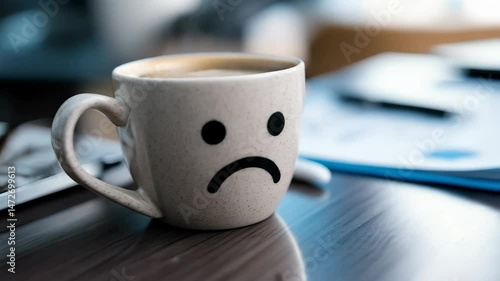 Close-up of beige cup with sad face on office desk, depicting negative emotions and Monday blues, paperwork and computer in background