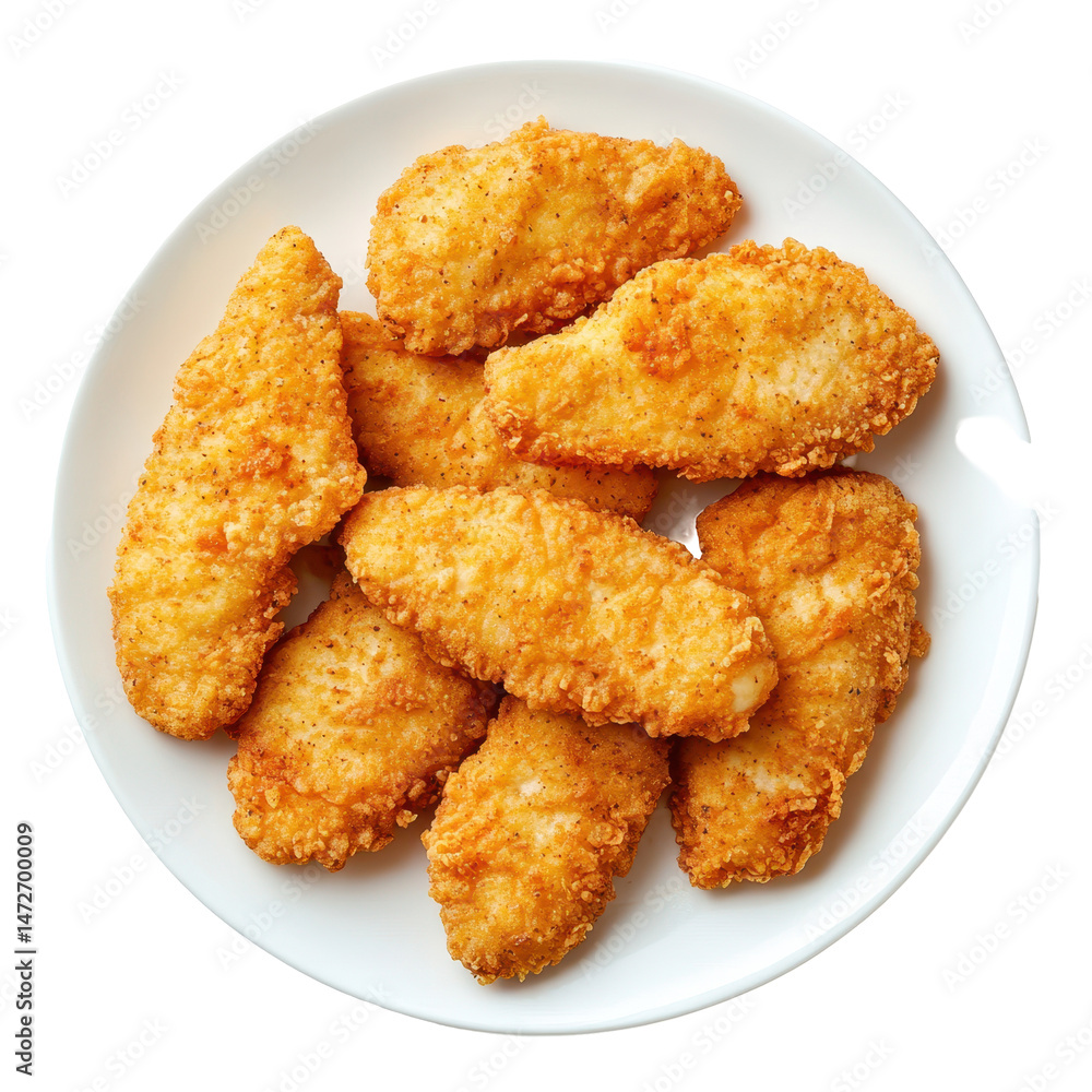 Crispy fried chicken tenders served on a white plate, perfect for a casual meal or snack experience Crispy fried chicken tenders served on a white plate, perfect for a casual meal or snack experience
