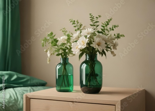 Elegant floral arrangement in bottle vase on beige nightstand, emerald green sheets ,  calm,  house,  nightstand