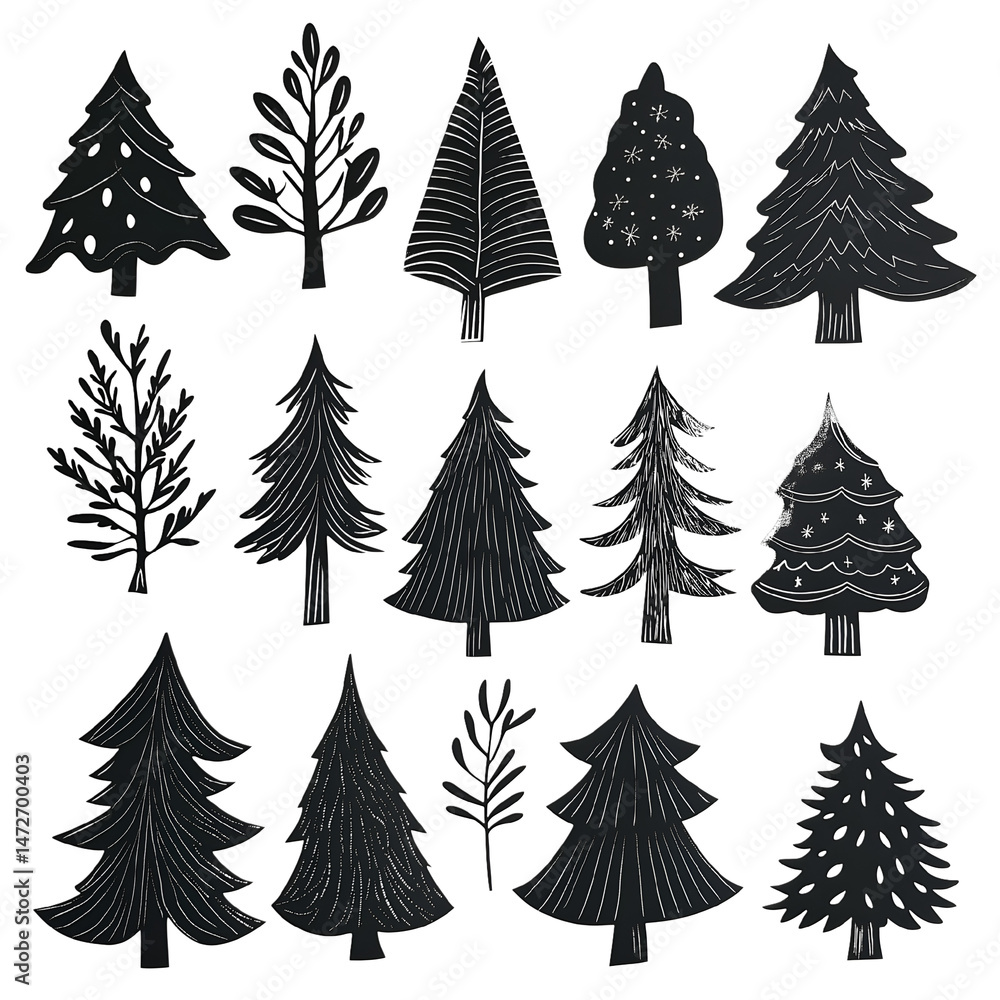 Fototapeta premium Hand drawn collection of christmas trees and evergreen illustrations on a black background