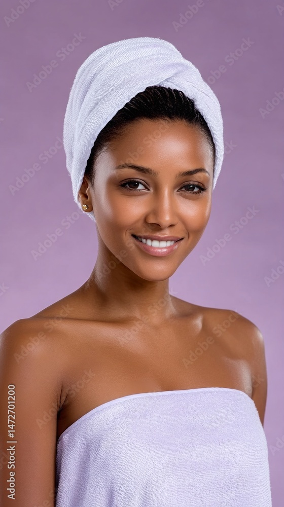 A woman is smiling and wearing a towel around her head A woman is smiling and wearing a towel around her head