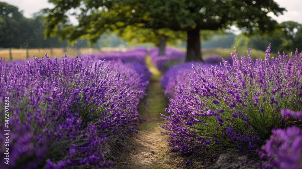 Obraz premium Rolling lavender fields in Provence with golden tree and scenic mountain sunset view