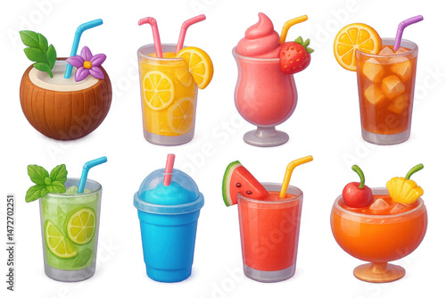 Tropical drink icons set – coconut, lemonade, smoothie, iced tea, mojito, slushie, watermelon, punch. 3D icon set