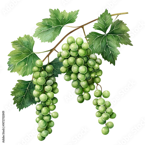 A vibrant illustration of a grapevine branch with two clusters of green grapes, rendered in watercolor. This botanical artwork captures the intricate detail of the vine, leaves, and fruit.