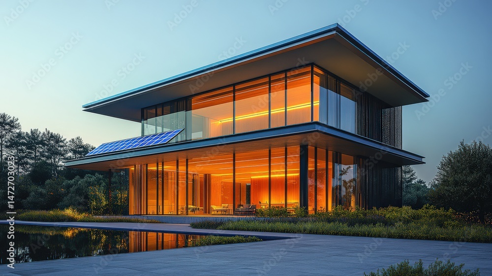 Fototapeta premium Modern architectural design of a glass house with warm lighting