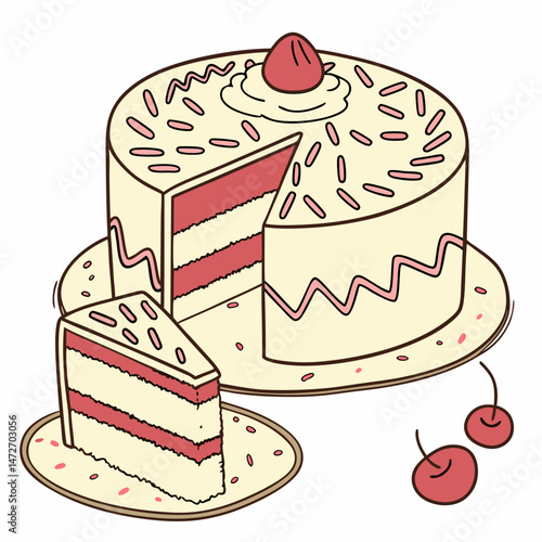 delicious cherry cake with a cut piece in a plate on a white background. cake with cherry. festive food