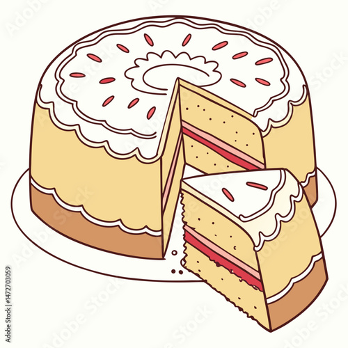 Delicious cake with a cut piece in a plate on a white background. Festive food