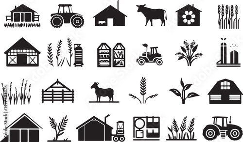 Farming, agriculture icon set, farm equipment icon set, agriculture machines irrigation tools for farming tasks, combine station trailer machine harvester