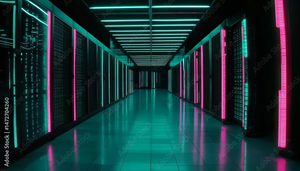 A dark, wide room with rows of black server cabinets illuminated by neon lights in shades of teal and pink. The camera is positioned at eye level to capture the entire length of each row A dark, wide room with rows of black server cabinets illuminated by neon lights in shades of teal and pink. The camera is positioned at eye level to capture the entire length of each row