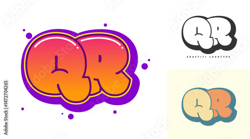 QR logo design for festival or party. Initial letter q and r in graffiti style. Creative modern lettering company name of font typography. Kids trendy logotype or identity.
