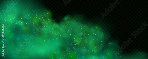 Realistic texture of mystical smoke in the background, with green fog swirling and sparkling.