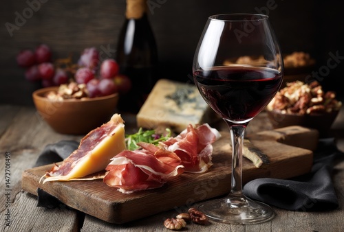 Elegant arrangement of fine wine, assorted cheeses, cured meats, and nuts, set against a rustic wooden table with soft lighting and rich textures