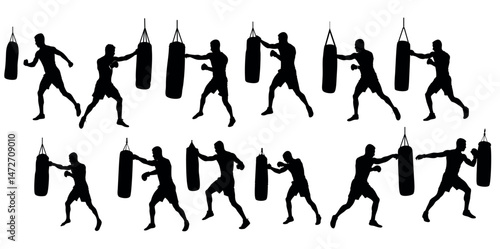 Men Punishing Punching Bags, collection of dynamic black silhouette illustrations of men engaged in boxing training with punching bags. boxing, punching bag, boxing training, fitness, martial arts, sp