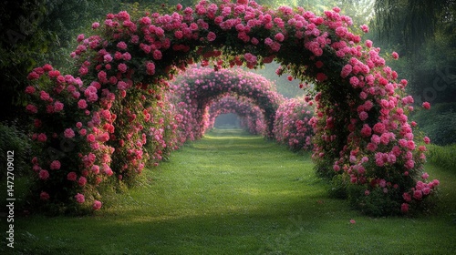 Fototapeta Naklejka Na Ścianę i Meble -  Lush rose archway garden path, a picturesque floral scene.