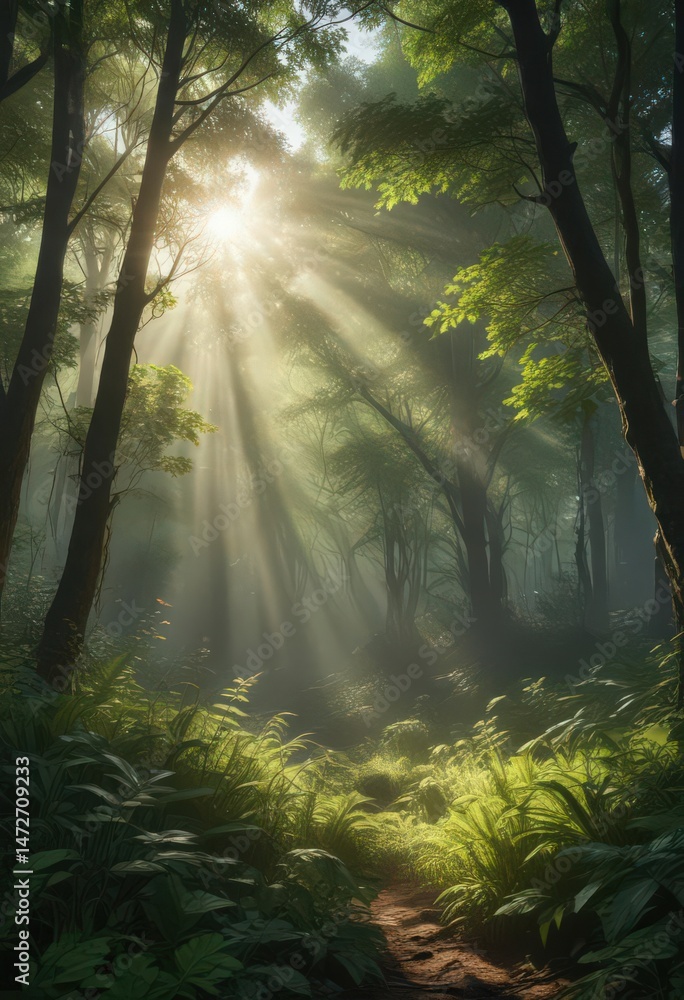 Obraz premium Vibrant sunbeams pierce dense foliage, creating ethereal glow in lush forest, canopy, forest floor, sunbeam