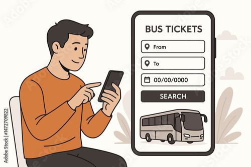 Online bus ticket booking concept. Man using smartphone application to search for transportation, reserve seats, and plan his journey. Flat vector illustration of mobile travel service.