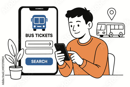 Young man using mobile app on smartphone to book bus tickets online. Search interface for public transport reservation, illustrating travel convenience and digital technology.
