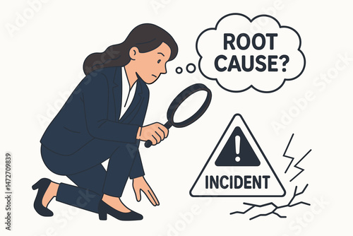 Investigative Businesswoman Using Magnifying Glass for Root Cause Analysis of Incident Vector Illustration Concept for Problem Solving and Risk Management Corporate Investigation