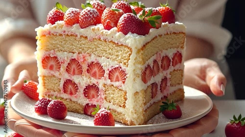 A delectable strawberry cake, layered with creamy frosting and fresh strawberries, sits on a plate.  The cake is decorated with powdered sugar and more fresh strawberries.