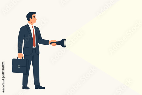 Businessman holding a flashlight and briefcase, casting a light beam forward. Concept vector for searching, finding solutions, business vision, leadership, discovery, and exploring new opportunities.