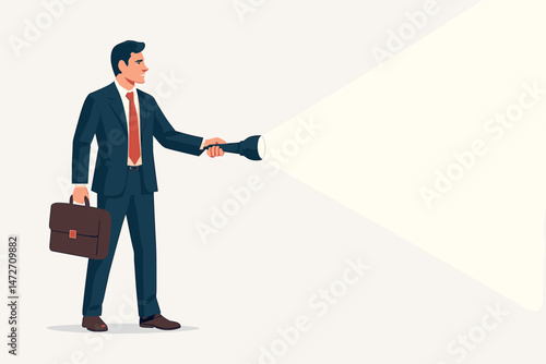 Vector illustration of a professional businessman holding a flashlight and briefcase, illuminating the path forward, symbolizing search for solutions, opportunity, and corporate vision.