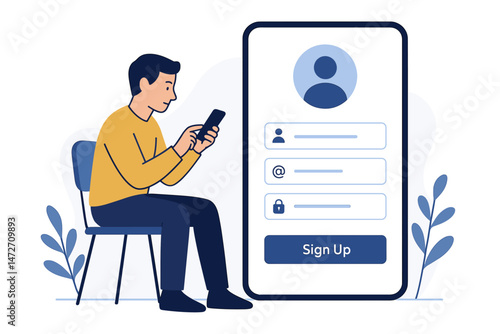 Flat design vector concept of mobile registration process, man sitting with phone creating new user account, sign up screen interface for application access and online security.