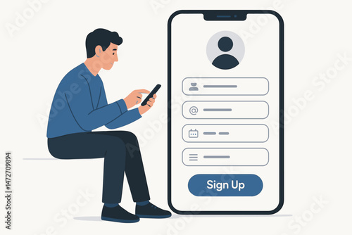 Vector illustration of a young man using a smartphone to complete an online registration form. Flat design concept for mobile app sign-up, user account creation, and profile setup interface.