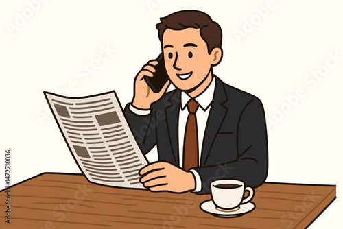 Professional businessman in suit multitasking at his office desk, reading the morning newspaper, talking on his mobile phone, and enjoying a cup of coffee. Vector illustration.
