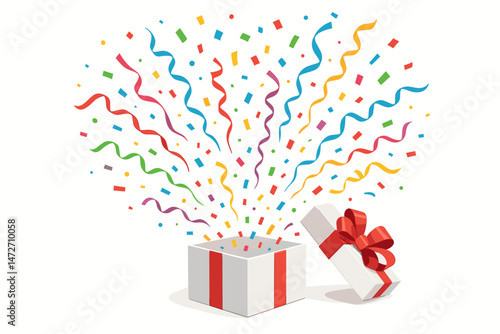 Exploding Gift Box Vector Illustration with Festive Red Bow Releasing Vibrant Confetti and Swirling Streamers for Holiday Party or Birthday Surprise Celebration Design Element.