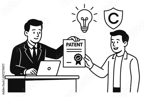 Patent office official presenting approved patent document to inventor. Symbolizing intellectual property rights, idea generation, and legal protection with icons. Minimal vector art.