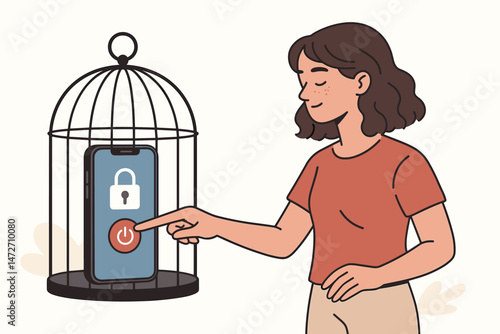 Digital detox concept vector illustration. Woman calmly turns off smartphone locked inside a cage, representing escape from technology addiction and finding mental peace offline.