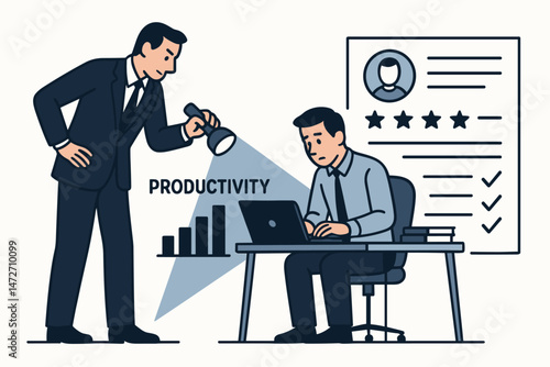 Manager shining spotlight on employee productivity during performance review, causing stress, vector illustration of corporate evaluation and pressure in the workplace concept.