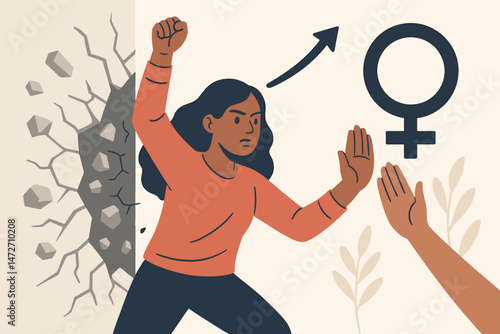 Powerful woman breaks down barriers, advocating for gender equality and female empowerment. Vector illustration depicting feminist progress, strength, and overcoming societal obstacles.