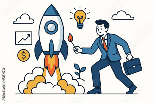 Businessman entrepreneur ignites startup rocket launch, symbolizing innovative venture takeoff, business growth, financial success, new ideas, ambition, and progress vector graphic.