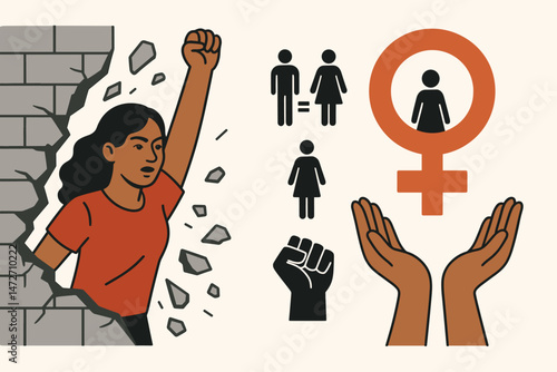 Gender equality advocacy vector illustration with strong woman shattering wall, feminist symbols like Venus sign and raised fist, promoting women's rights and empowerment concept.