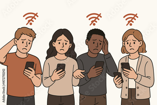 Vector illustration of diverse people looking annoyed at smartphones due to no Wi-Fi connection. Concept for offline frustration, bad signal, internet error, and technology issues.