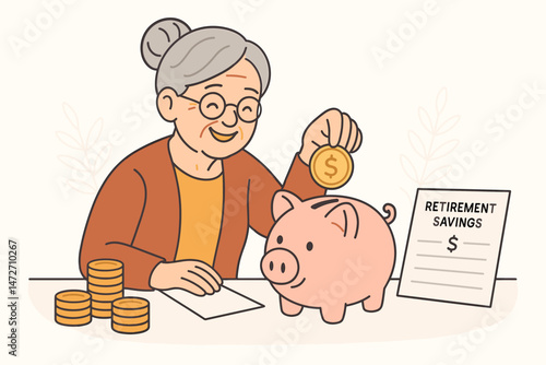Senior citizen carefully planning her retirement funds, placing a gold coin into a pink piggy bank. Concept art for financial independence, pension savings, and investment security.