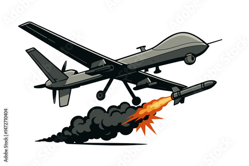 Unmanned Combat Aerial Vehicle (UCAV) firing missile vector illustration. Modern military drone technology concept depicting warfare, aerial attack, surveillance operation isolated.