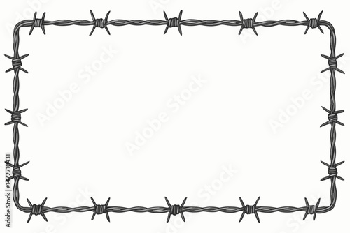 Detailed vector illustration of a barbed wire frame border. Sharp metal spikes on twisted wire create a rectangular boundary. Ideal for security, prison, danger, or rustic themes.