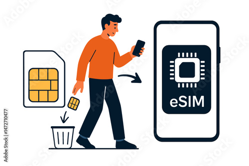 Man transitioning from traditional physical SIM card to modern eSIM technology on smartphone, discarding old chip. Vector illustration concept for mobile communication upgrade.