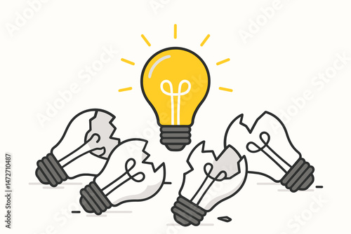 Successful innovation vector illustration showing a bright yellow glowing lightbulb idea shining among broken, failed attempts, symbolizing breakthrough, creativity, and unique solutions.